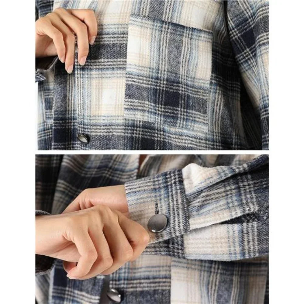 Navy Plaid Printed Flannel Button Up Shacket‎ Jacket Coat Thick Long Sleeve Top - Picture 4 of 6